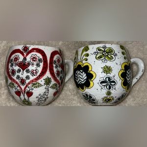 2 Anthropologie Biscuit Coffee Mug Cup White Yellow Floral Speckle Red Heart